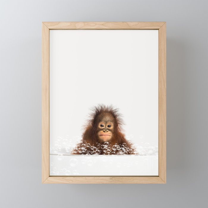 Monkey in a Bathtub, Baby Orangutan Taking a Bath, Bathtub Animal Art Print By Synplus Framed Mini Art Print