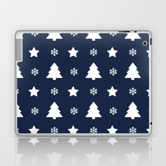 Christmas Pattern White Navy Blue Tree Snowflake Laptop & iPad Skin