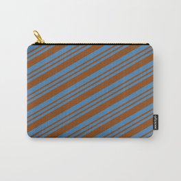 [ Thumbnail: Blue & Brown Colored Lined/Striped Pattern Carry-All Pouch ]
