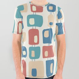 Funky Retro Squares Pattern Celadon Blue, Blue Green, Yellow, Peach and Salmon All Over Graphic Tee