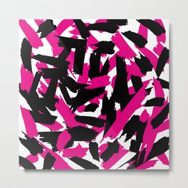 Vibrant Pink Black Brushstroke Pattern Metal Print