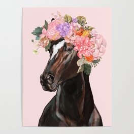 Horse with Flowers Crown in Pink Poster