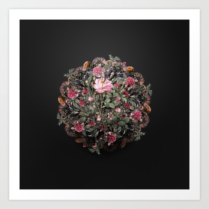 Vintage Anemone Sweetbriar Rose Flower Wreath on Wrought Iron Black Art Print