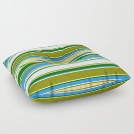 [ Thumbnail: Eyecatching Green, Tan, Dark Green, Blue, and White Colored Lines Pattern Floor Pillow ]