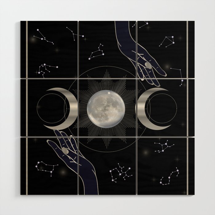 Hands blessing a magic ritual- Pagan dark forces invocation with moon and constellations	 Wood Wall Art