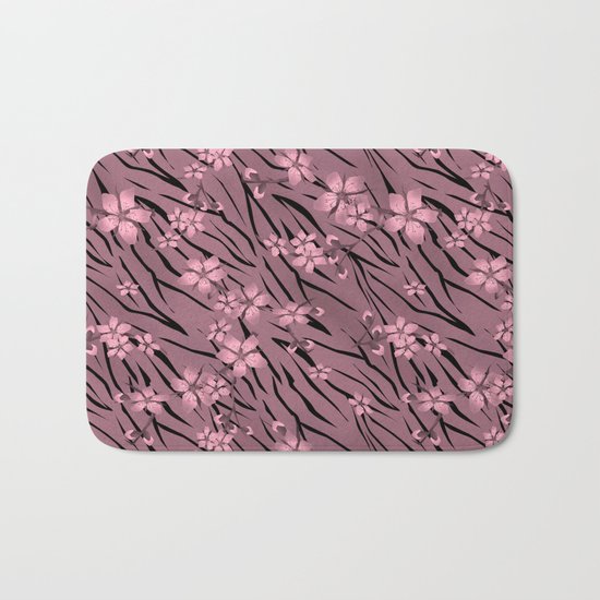 Pink floral pattern on a tiger background. Bath Mat