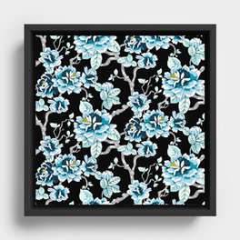 Spring Flowers Pattern Blue on Black Framed Canvas