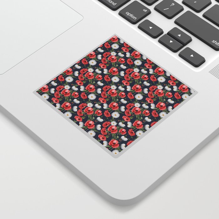 Daisy and Poppy Seamless Pattern on Navy Blue Background Sticker