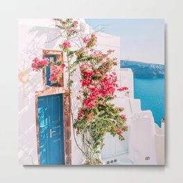 Blue Door in Santorini - Greece Travel Photography - Summer Island Metal Print | Bluedoor, Photo, Greek, Floral, Photograph, Island, Summer, Flowers, Blue, Summervibes 
