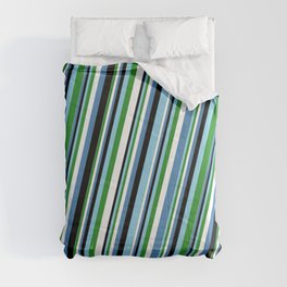 [ Thumbnail: Eye-catching Sky Blue, Forest Green, White, Blue & Black Colored Lined Pattern Comforter ]