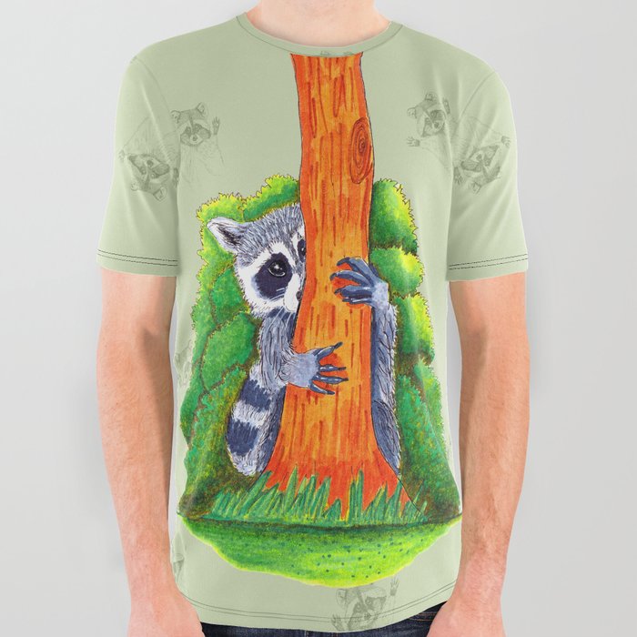 Peeking Raccoons #4 Green Pallet- All Over Graphic Tee