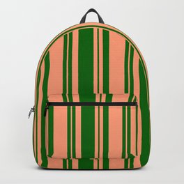 [ Thumbnail: Dark Green and Light Salmon Colored Lines Pattern Backpack ]