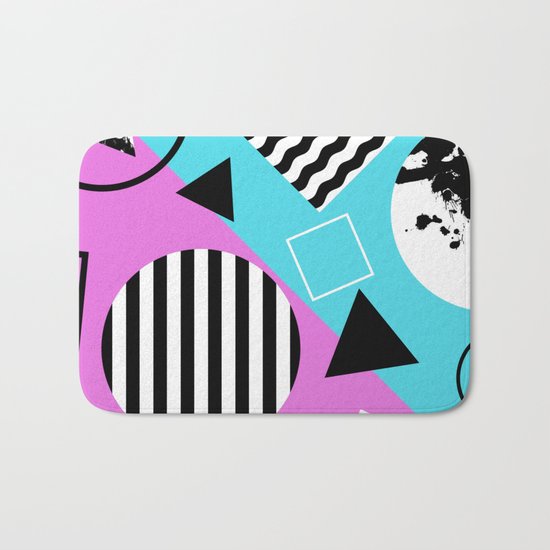Stripes And Splats 1 - Wacky, Random, Abstract, Black And White Stripes, Blue and pink Artwork Bath Mat