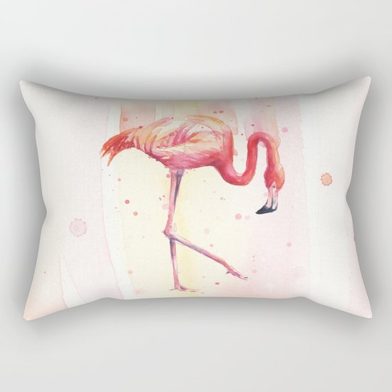 Pink Flamingo Rain | Facing Right Rectangular Pillow