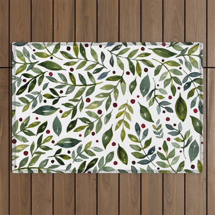 Seasonal branches and berries - sap green and burgundy Outdoor Rug