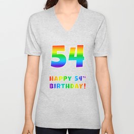 [ Thumbnail: HAPPY 54TH BIRTHDAY - Multicolored Rainbow Spectrum Gradient V Neck T Shirt V-Neck T-Shirt ]