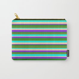 [ Thumbnail: Vibrant Tan, Purple, Forest Green, Green & Aqua Colored Striped/Lined Pattern Carry-All Pouch ]