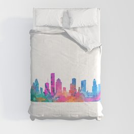 Houston Skyline Watercolor Blue Orange Pink Purple Green Cityscape Houston Texas US City Skyline Comforter