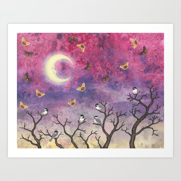 chickadees and io moths in the moonlit sky Art Print