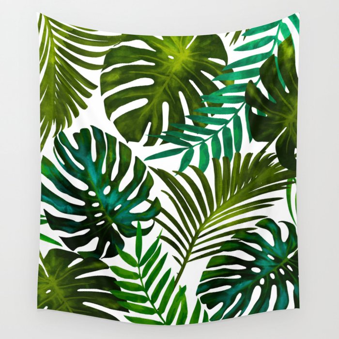 Tropical Dream, Jungle Nature Botanical Monstera Palm Leaves Illustration, Scandinavian Painting Wall Tapestry