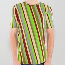 [ Thumbnail: Eye-catching Dark Grey, Green, Beige, Dark Red, and Chartreuse Colored Lined/Striped Pattern All Over Graphic Tee ]
