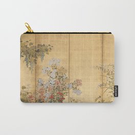 Japanese Edo Period Six-Panel Gold Leaf Screen - Spring and Autumn Flowers Carry-All Pouch | Vintage, Spring, Leaf, Flowers, Illustration, Nature, Rinpa, Japanese, Autumn, Edo 