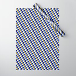 [ Thumbnail: Light Cyan, Blue, Cornflower Blue & Dark Goldenrod Colored Pattern of Stripes Wrapping Paper ]
