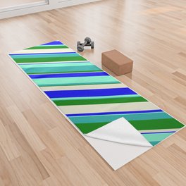 [ Thumbnail: Vibrant Aquamarine, Light Sea Green, Green, Beige, and Blue Colored Lines Pattern Yoga Towel ]