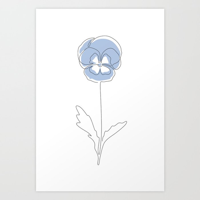 Cloud Sky Violet / Light pastel blue flower drawing in one line / Explicit Design  Art Print