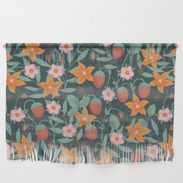 Strawberries and Flowers Field Teal Wall Hanging