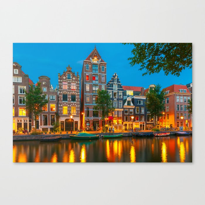Amsterdam Canal With Dutch Houses at Night Canvas Print