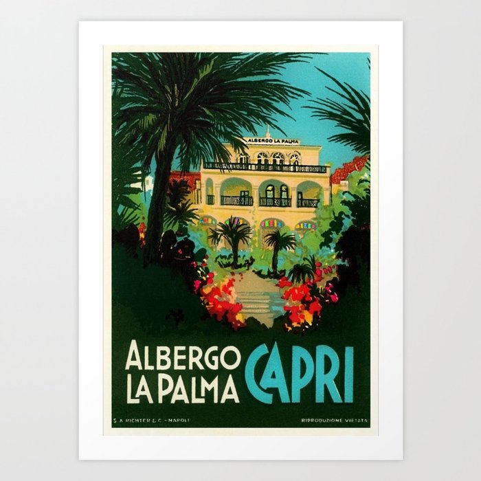 Vintage Capri, Italy Seaside Hotel Albergo La Palma Advertising Poster Art Print