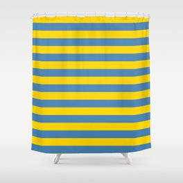 [ Thumbnail: Yellow and Blue Colored Stripes/Lines Pattern Shower Curtain ]