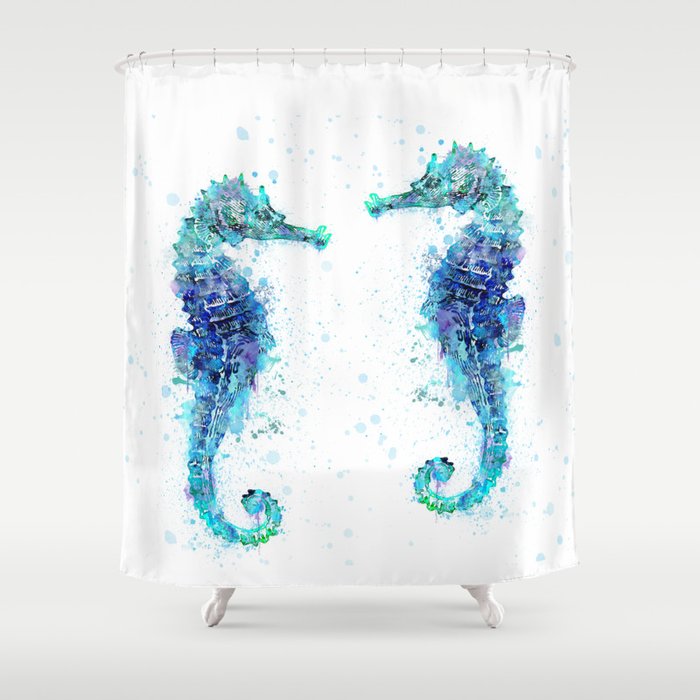 Blue Turquoise Watercolor Seahorse Shower Curtain