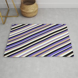 [ Thumbnail: Black, Slate Blue, Tan, and Mint Cream Colored Stripes Pattern Rug ]