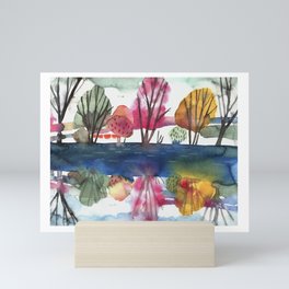 River Landscape Watercolor Painting Mini Art Print