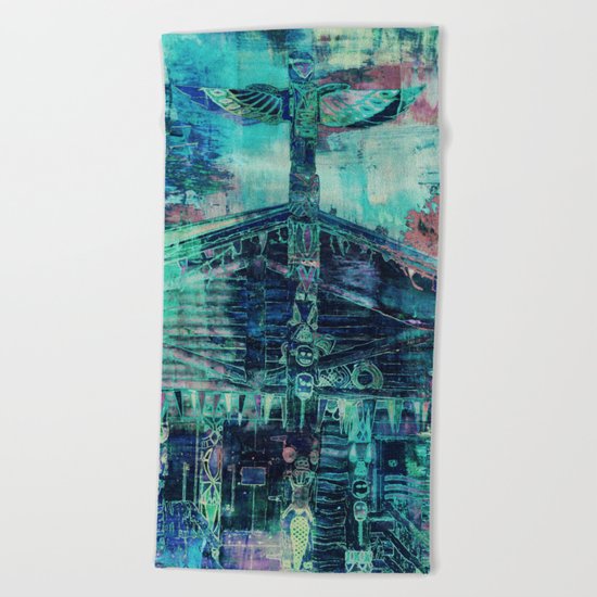 Totem Cabin Abstract - Teal Beach Towel