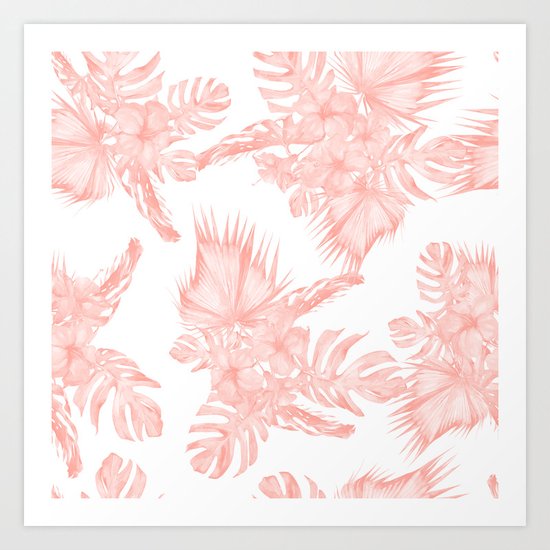 Tropical Hibiscus and Palm Leaves Coral White Art Print