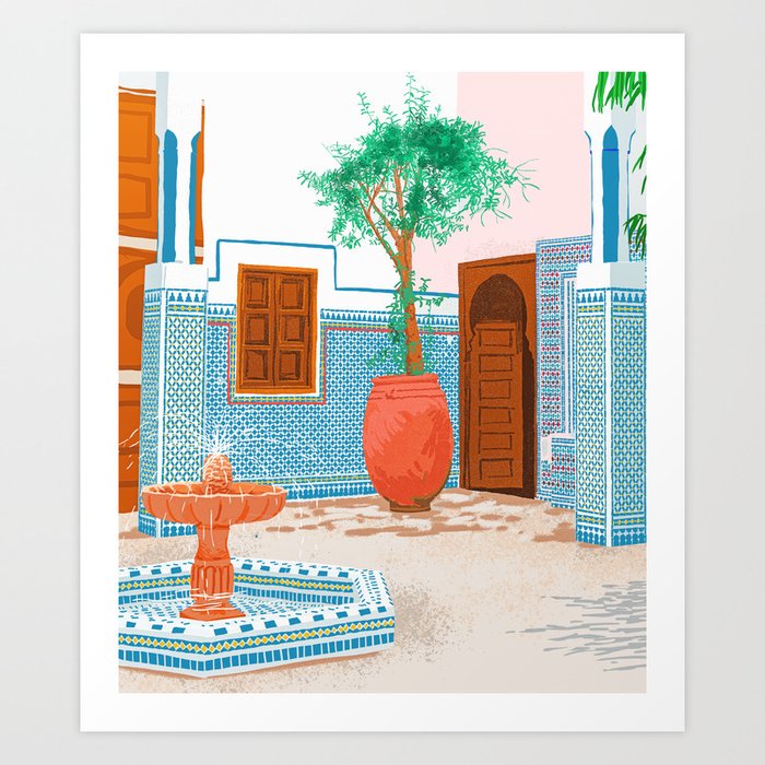 Moroccan Villa, Architecture Interior Design Painting, Tropical Tiles Exotic Travel Illustration Art Print
