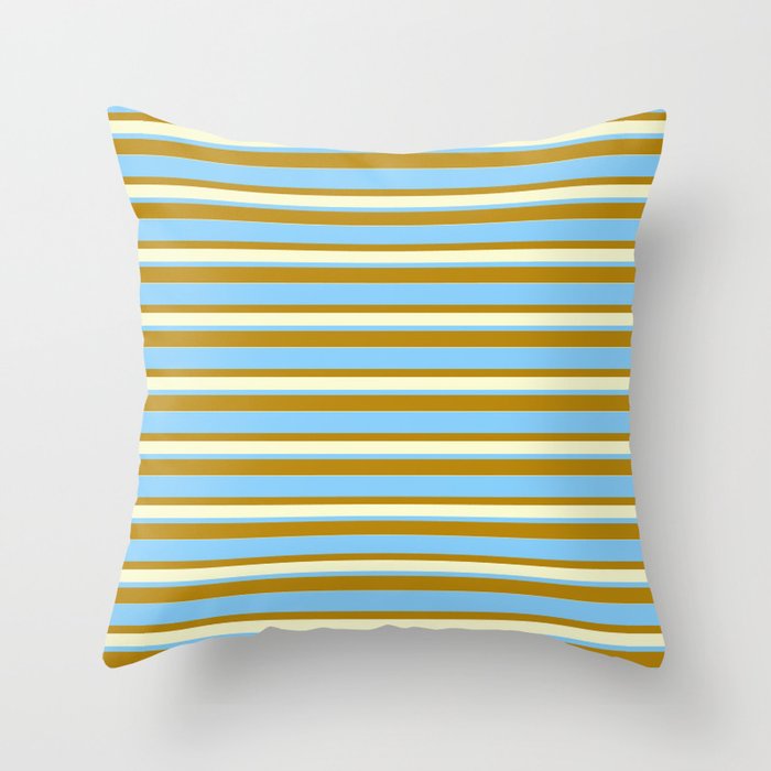 Light Sky Blue, Dark Goldenrod, and Light Yellow Colored Lined/Striped Pattern Throw Pillow