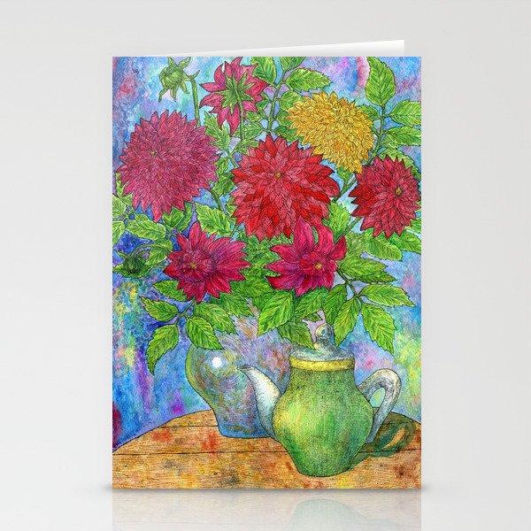 Dahlia flowers bouquet and teapot in watercolor. Stationery Cards