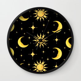 Sun,half moon,stars,cosmic art,celestial,black background  Wall Clock