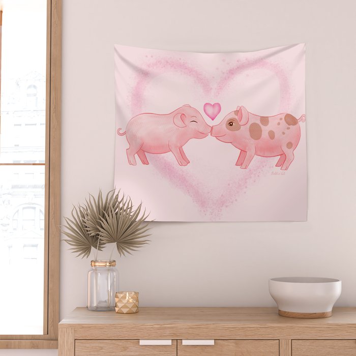 Cute Watercolor Little Pigs in Love, Farm Animals Baby Pink