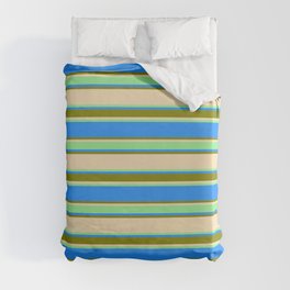 [ Thumbnail: Tan, Light Green, Blue, and Green Colored Lined/Striped Pattern Duvet Cover ]