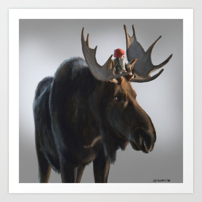 Winter Gnome on Moose Art Print