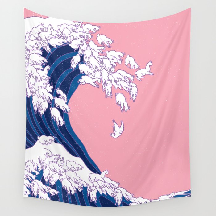 Llama Waves in Pink Wall Tapestry