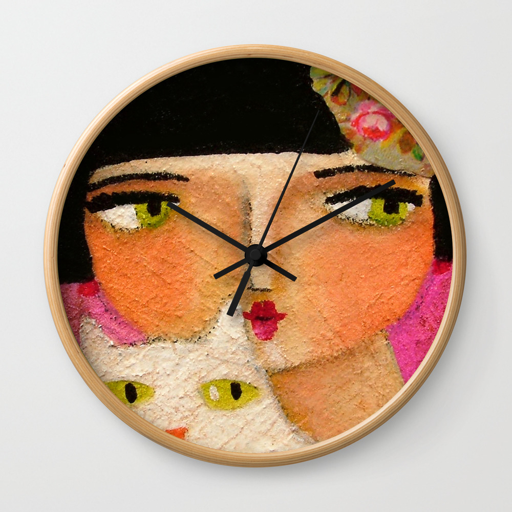 White Cat And Flapper Girl Pretty Painting By Tascha Wall Clock By