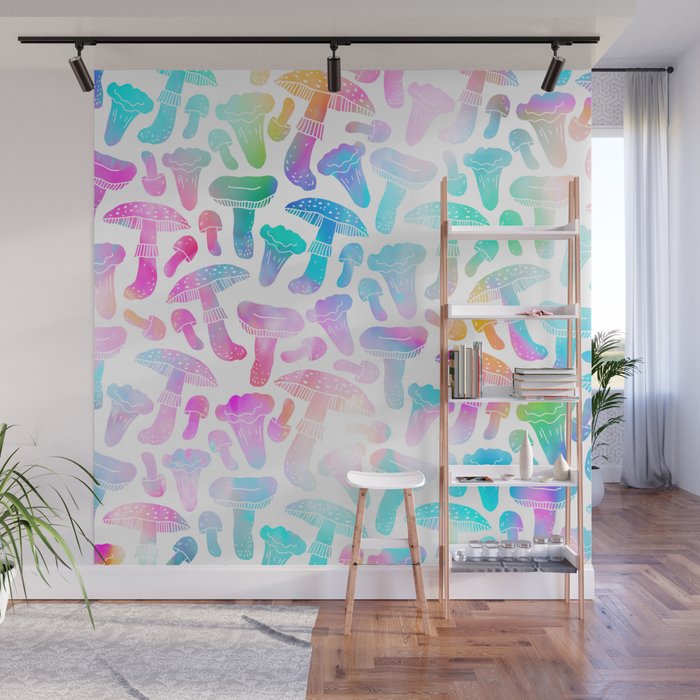 Botanical Hand Painted Pink Teal Lilac Watercolor Mushrooms Wall Mural