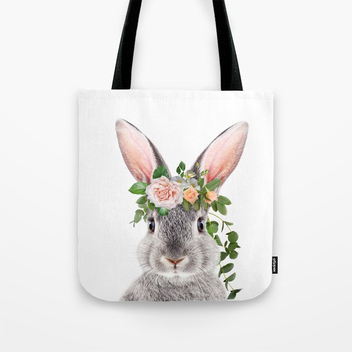Baby Rabbit, Grey Bunny with Flower Crown, Baby Animals Art Print by Synplus Tote Bag