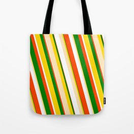 [ Thumbnail: Eye-catching Yellow, Beige, White, Red & Green Colored Pattern of Stripes Tote Bag ]